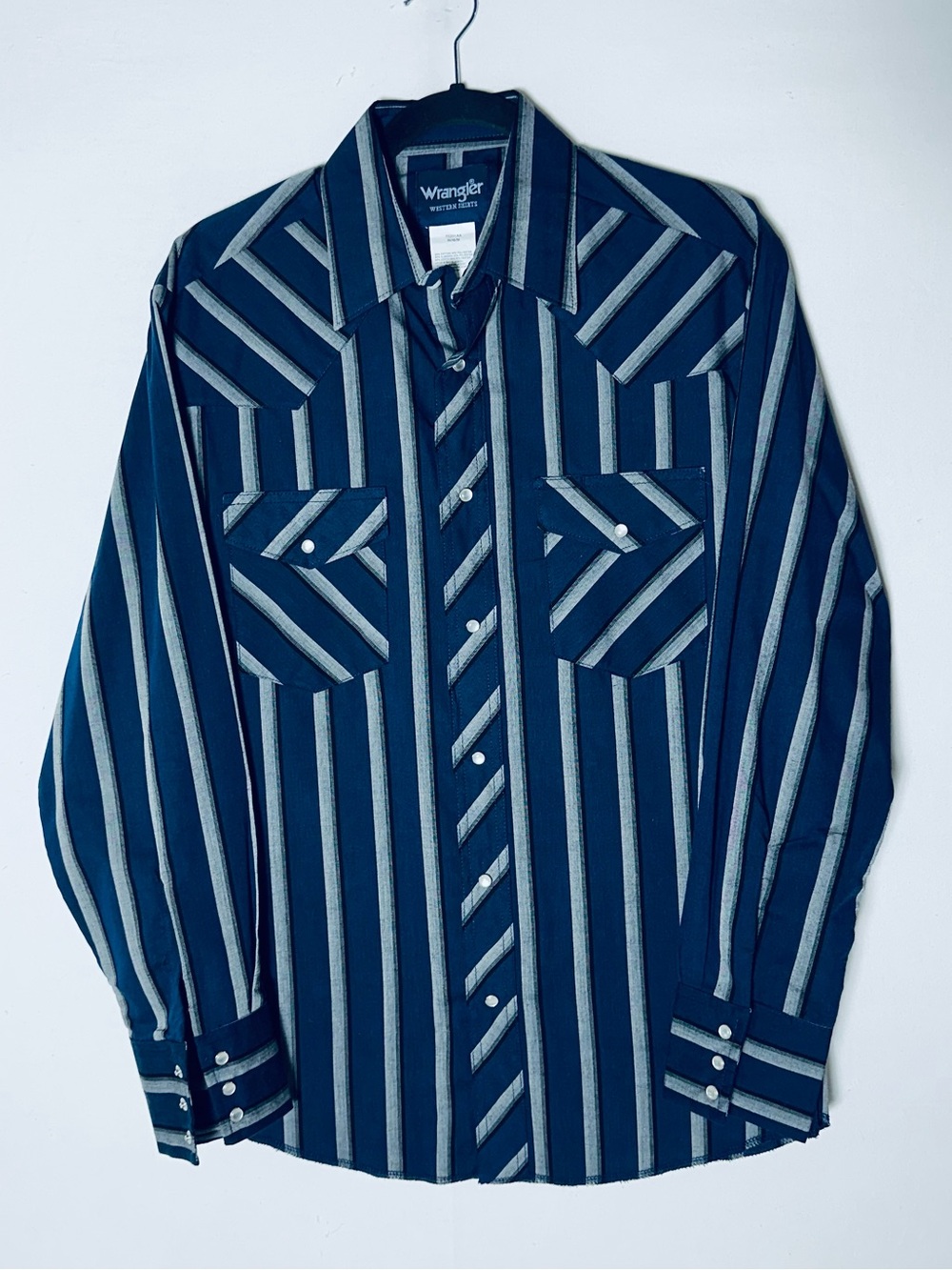 Vintage Wrangler Navy Blue Grey Striped Cowboy Western Pearl Snap Shirt M
